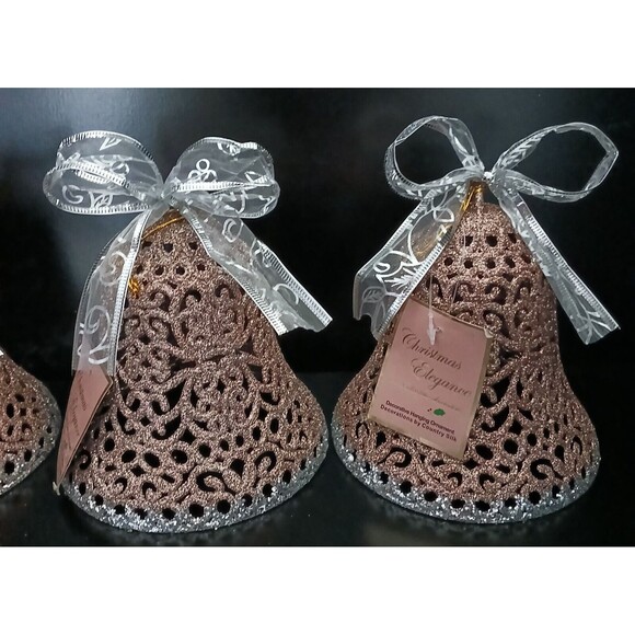 Holiday Hanging Bell Ornament Decorations Set of 4 Plastic Rose Gold/Glitter 6" - Picture 3 of 10